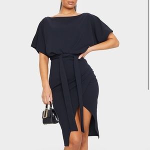Wrap Front Black Kimono Sleeve Midi Dress